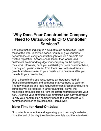 Why Does Your Construction Company Need to Outsource Its CFO Controller Services?