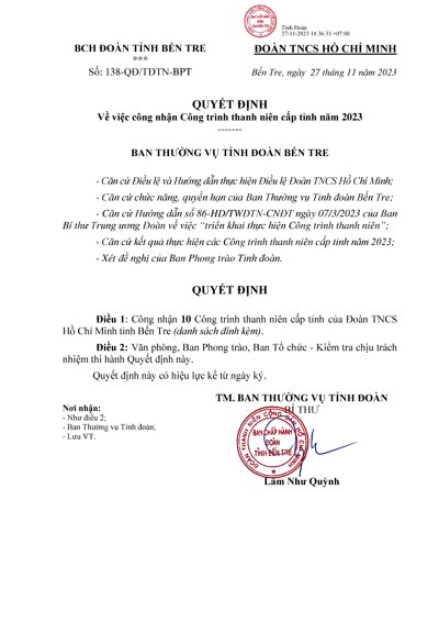 Quy?t ??nh công nh?n công trình thanh niên c?p t?nh n?m 2023 - B?n Tre