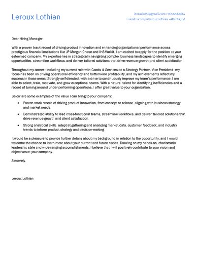 Product Management Professional Cover Letter - Leroux Lothian